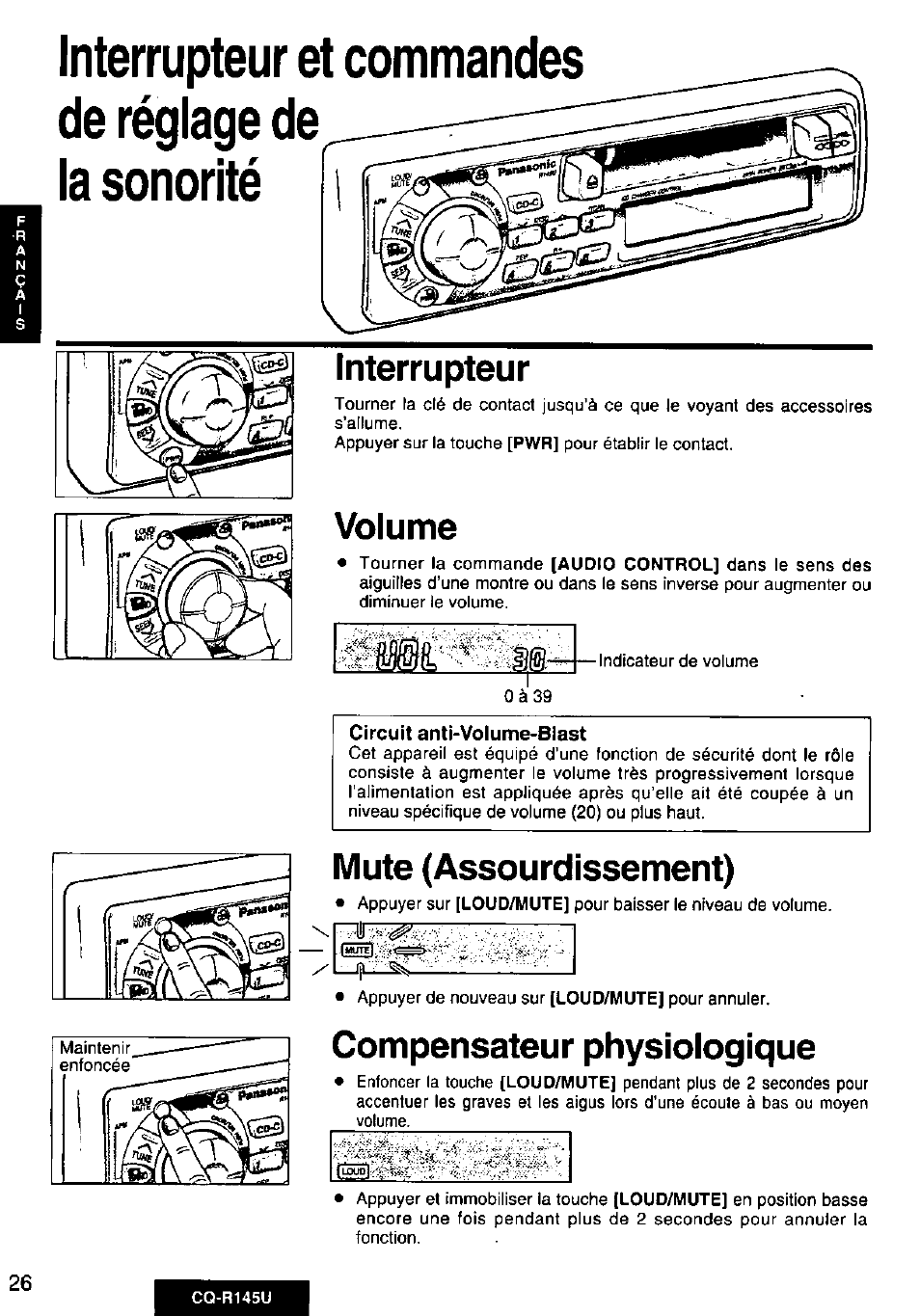 Interrupteur, Volume, Mute (assourdissement) | Compensateur physiologique | Panasonic CQ-R145U User Manual | Page 26 / 64