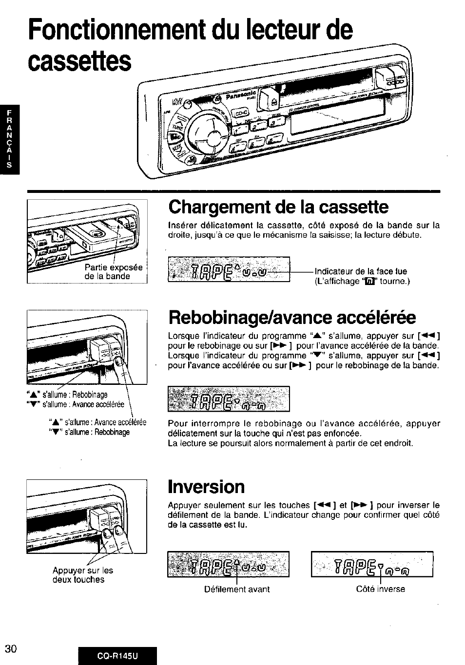 Chargement de la cassette, Reboblnage/avance accélérée, Inversion | Fonctionnement du lecteur de cassettes | Panasonic CQ-R145U User Manual | Page 30 / 64