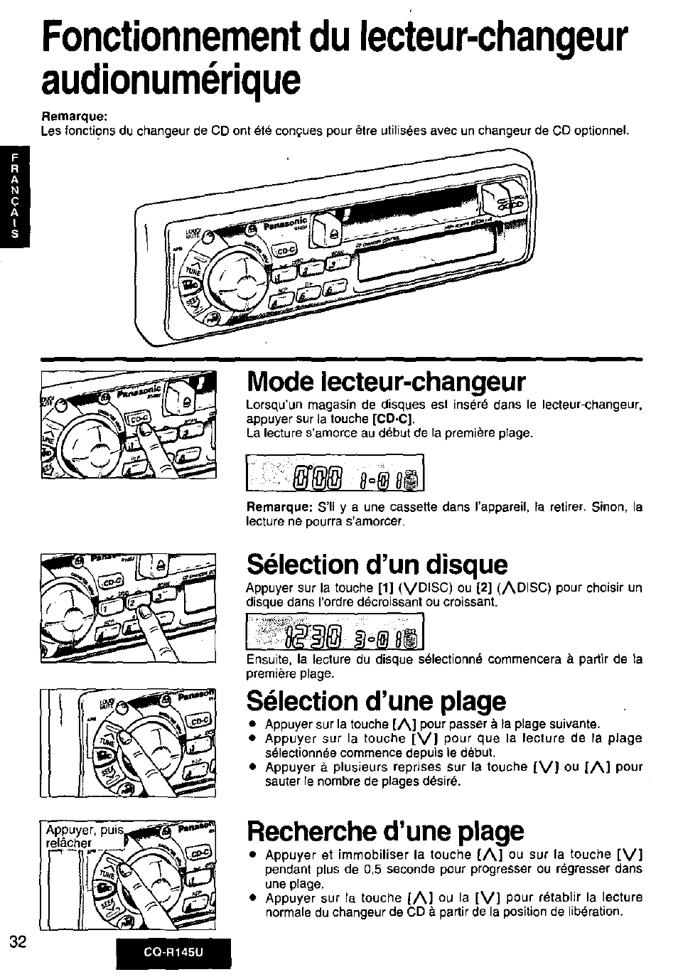 Mode lecteur-changeur, Sélection d’un disque, Sélection d’une plage | Recherche d’une plage, Fonctionnement du lecteur-changeur audionumérique | Panasonic CQ-R145U User Manual | Page 32 / 64