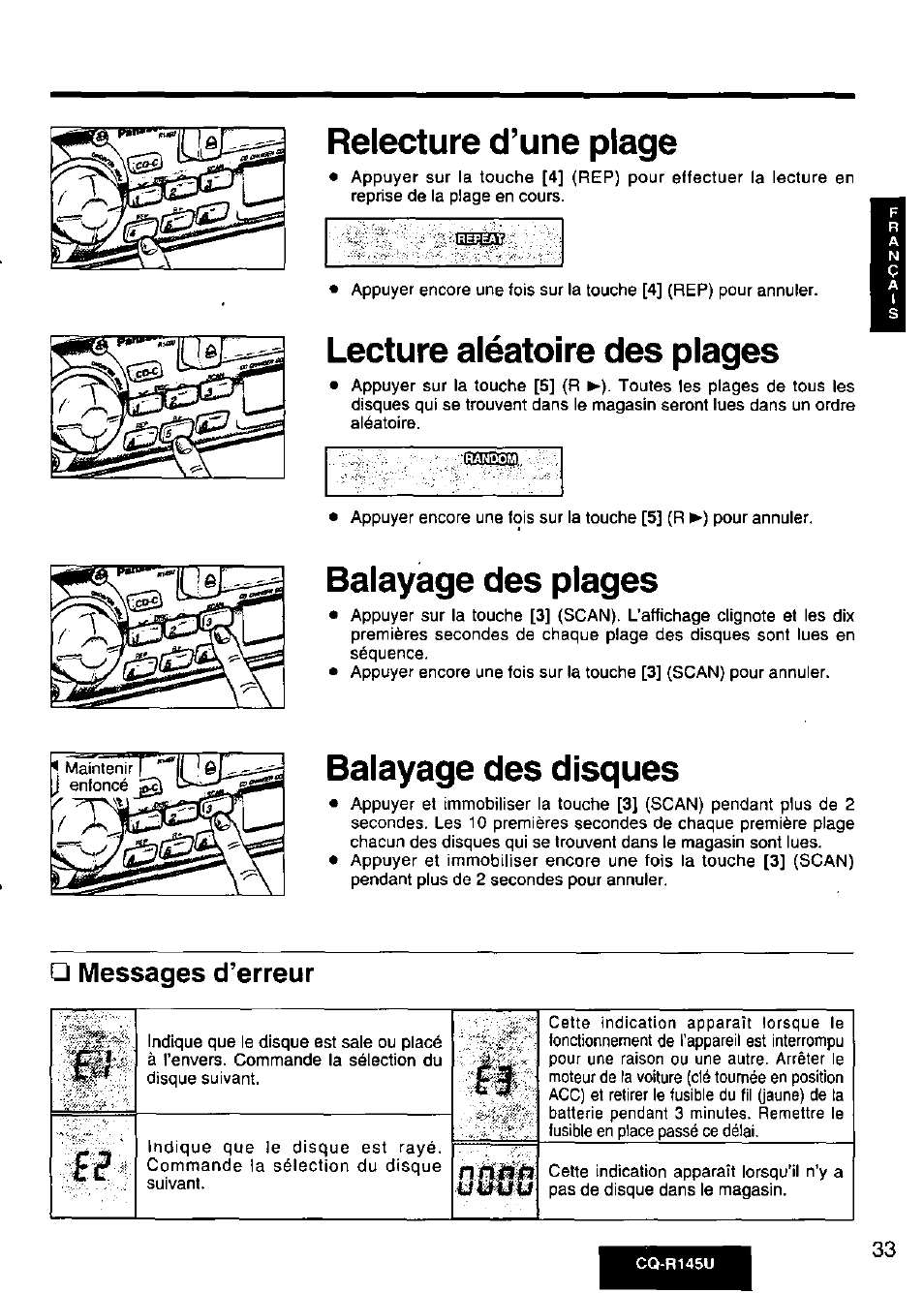 Relecture d’une plage, Lecture aléatoire des plages, Balayage des plages | Balayage des disques, Messages d’erreur | Panasonic CQ-R145U User Manual | Page 33 / 64