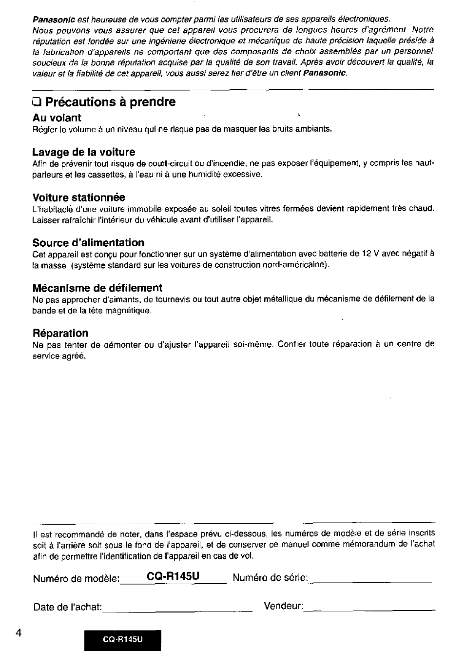 Précautions à prendre, Au volant, Lavage de la voiture | Voiture stationnée, Source d’alimentation, Mécanisme de défilement, Réparation | Panasonic CQ-R145U User Manual | Page 4 / 64