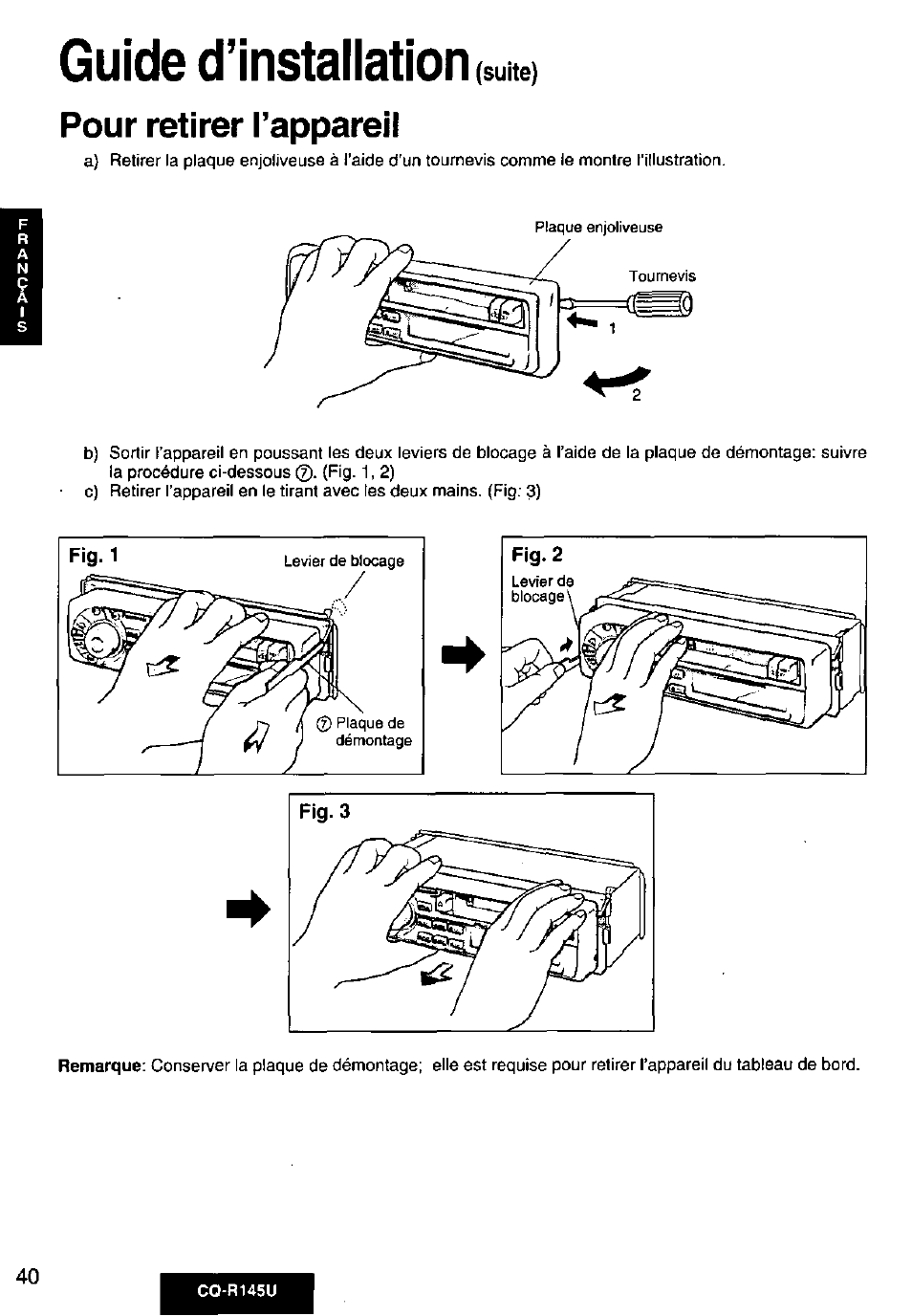 Pour retirer l’appareil, Guide d’installation | Panasonic CQ-R145U User Manual | Page 40 / 64