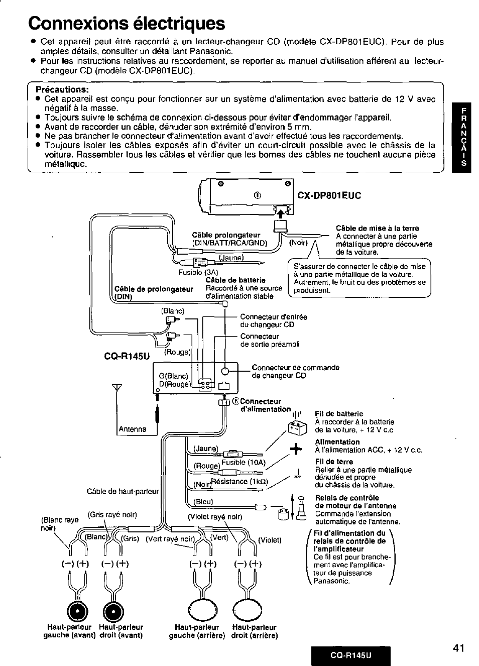 Connexions électriques | Panasonic CQ-R145U User Manual | Page 41 / 64