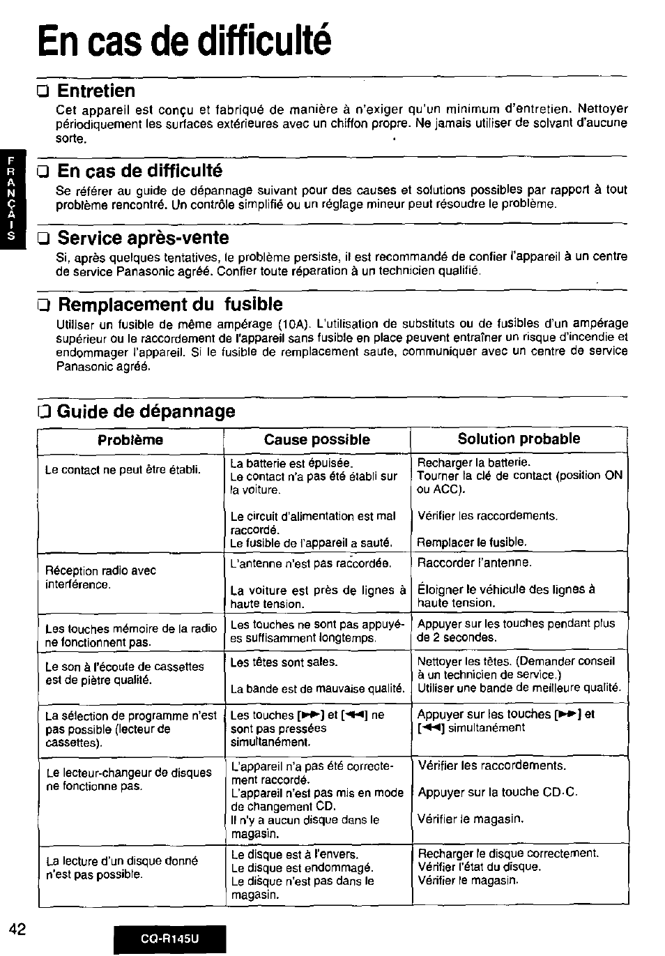 Entretien, En cas de difficulté, Service après-vente | Remplacement du fusible, Guide de dépannage | Panasonic CQ-R145U User Manual | Page 42 / 64