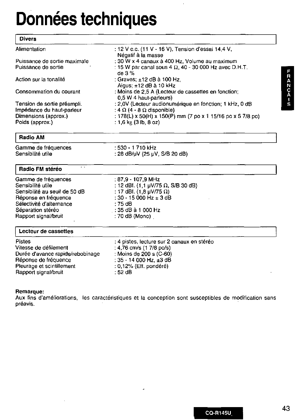 Données techniques | Panasonic CQ-R145U User Manual | Page 43 / 64
