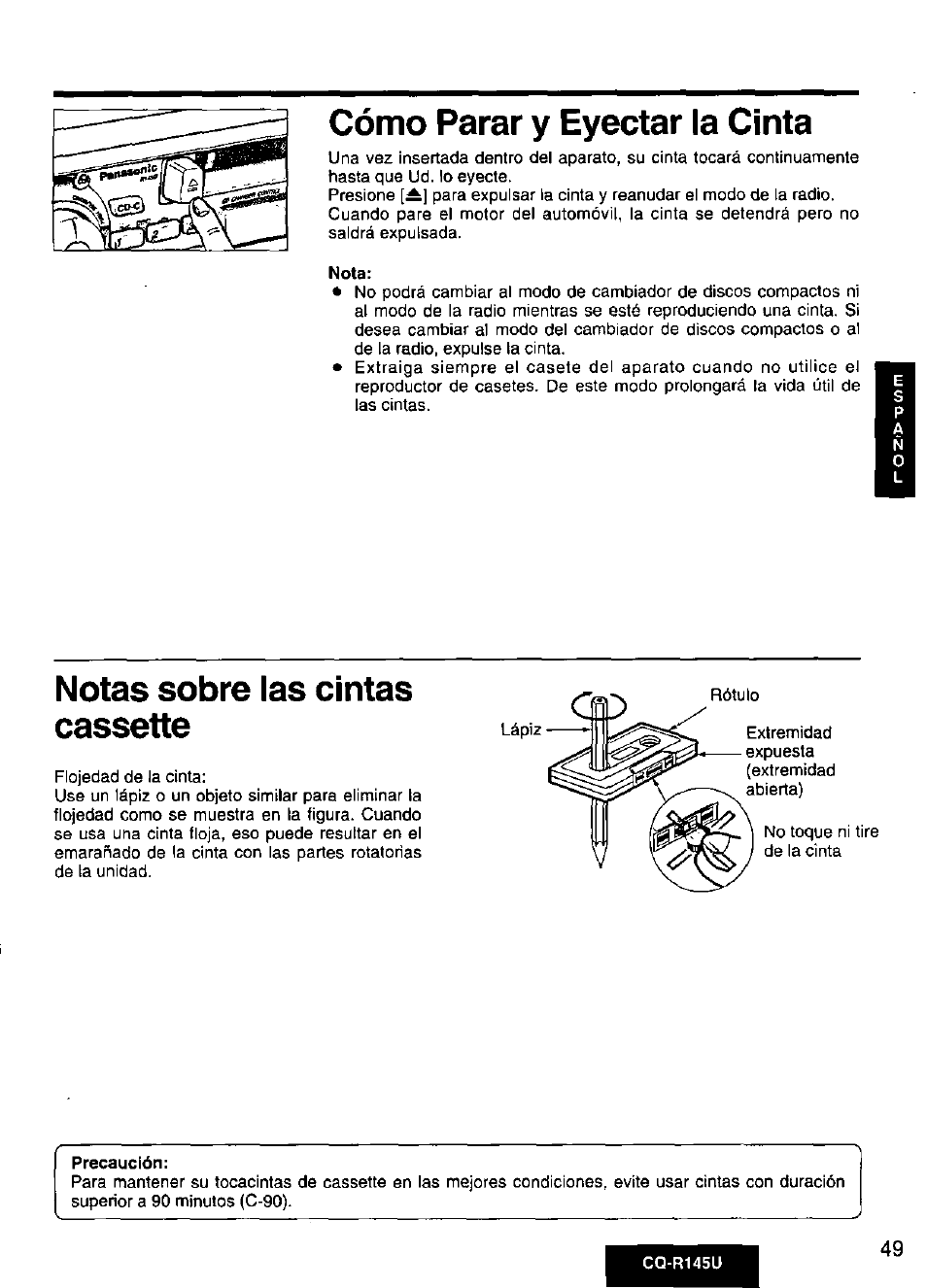 Cómo parar y eyectar la cinta, Notas sobre las cintas cassette | Panasonic CQ-R145U User Manual | Page 49 / 64