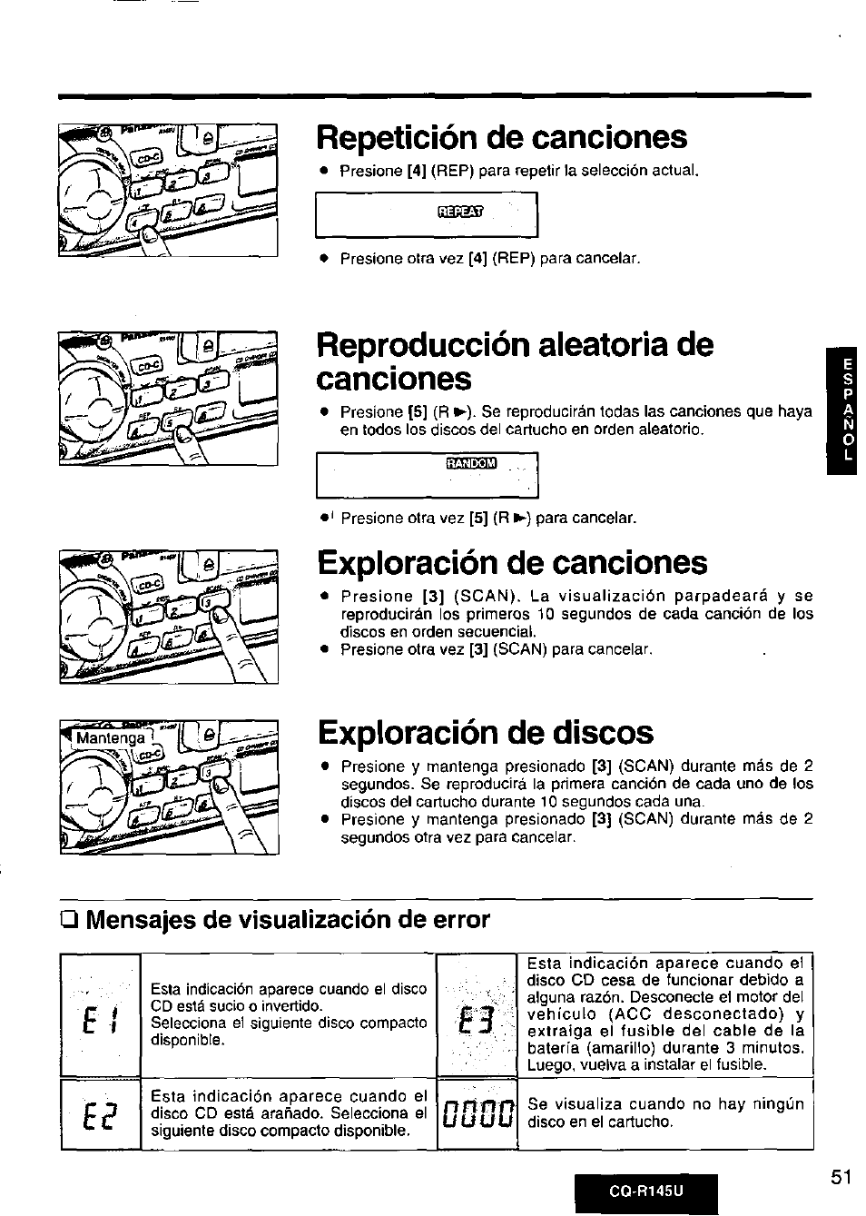 Repetición de canciones, Reproducción aleatoria de canciones, Exploración de canciones | Exploración de discos, Mensajes de visualización de error, Dúsu | Panasonic CQ-R145U User Manual | Page 51 / 64