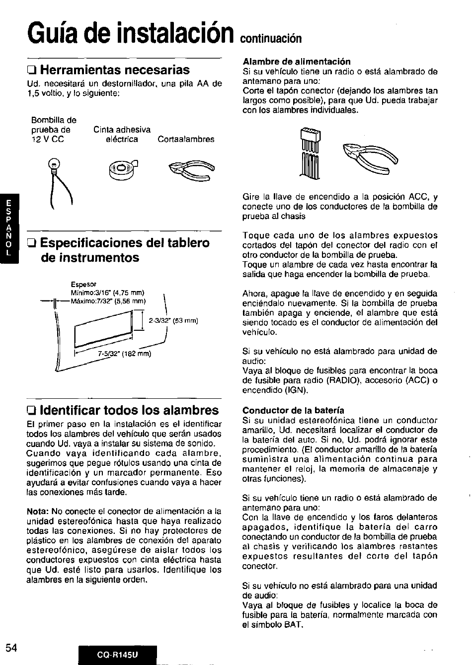 Herramientas necesarias, Especificaciones del tablero de instrumentos, Identificar todos los alambres | Guía de instalación, Continuación | Panasonic CQ-R145U User Manual | Page 54 / 64