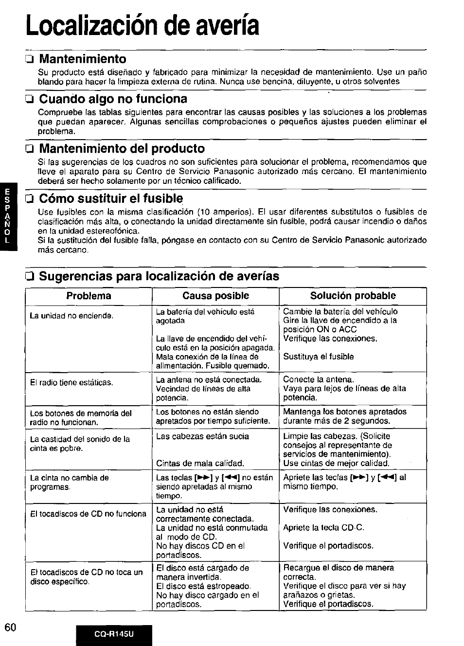 Mantenimiento, Cuando algo no funciona, Mantenimiento del producto | Q cómo sustituir el fusible, Sugerencias para localización de avenas, Localización de avería | Panasonic CQ-R145U User Manual | Page 60 / 64