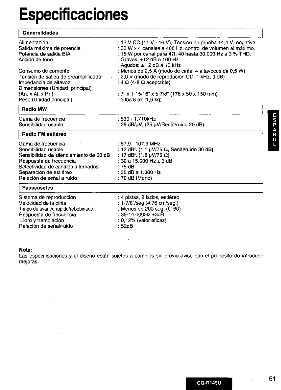 Especificaciones | Panasonic CQ-R145U User Manual | Page 61 / 64