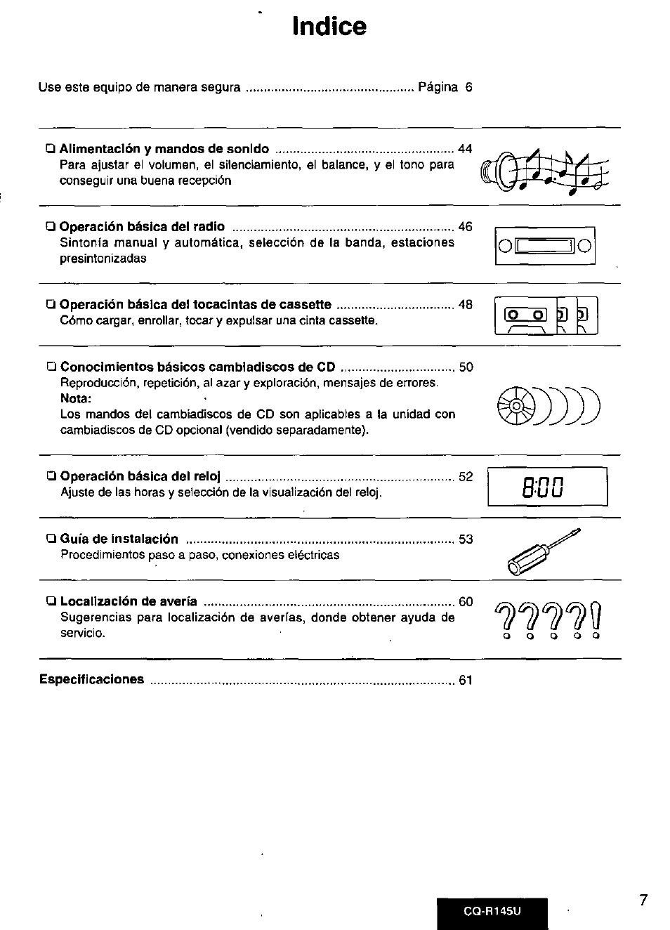Indice, Oic_^o | Panasonic CQ-R145U User Manual | Page 7 / 64