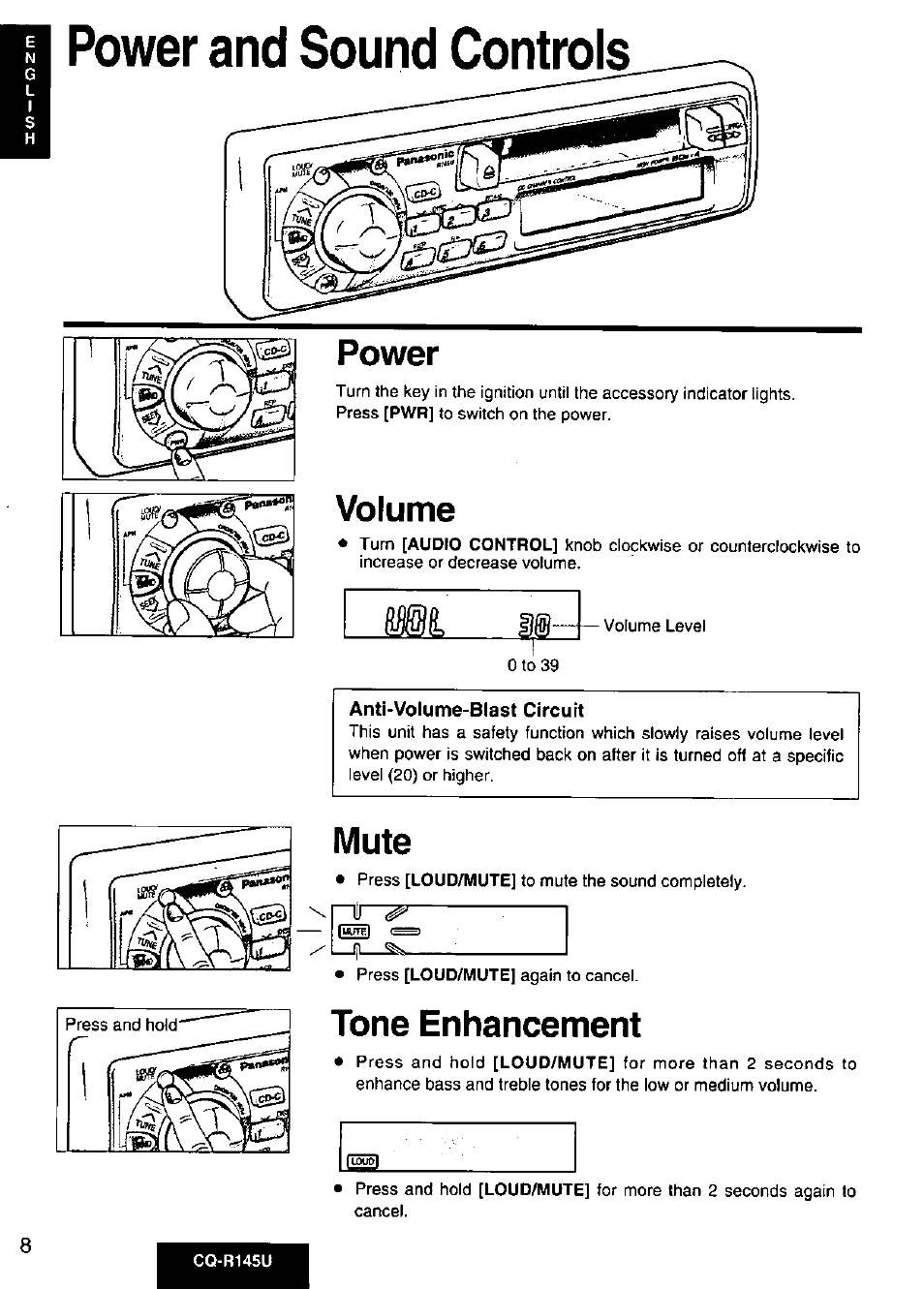 Power, Volume, Mute | Tone enhancement, Power and sound controls | Panasonic CQ-R145U User Manual | Page 8 / 64