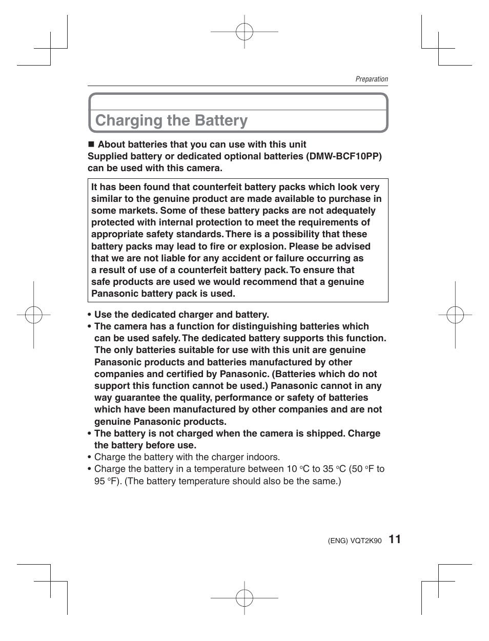 Preparation, Charging the battery | Panasonic DMC-FH22 User Manual | Page 11 / 34
