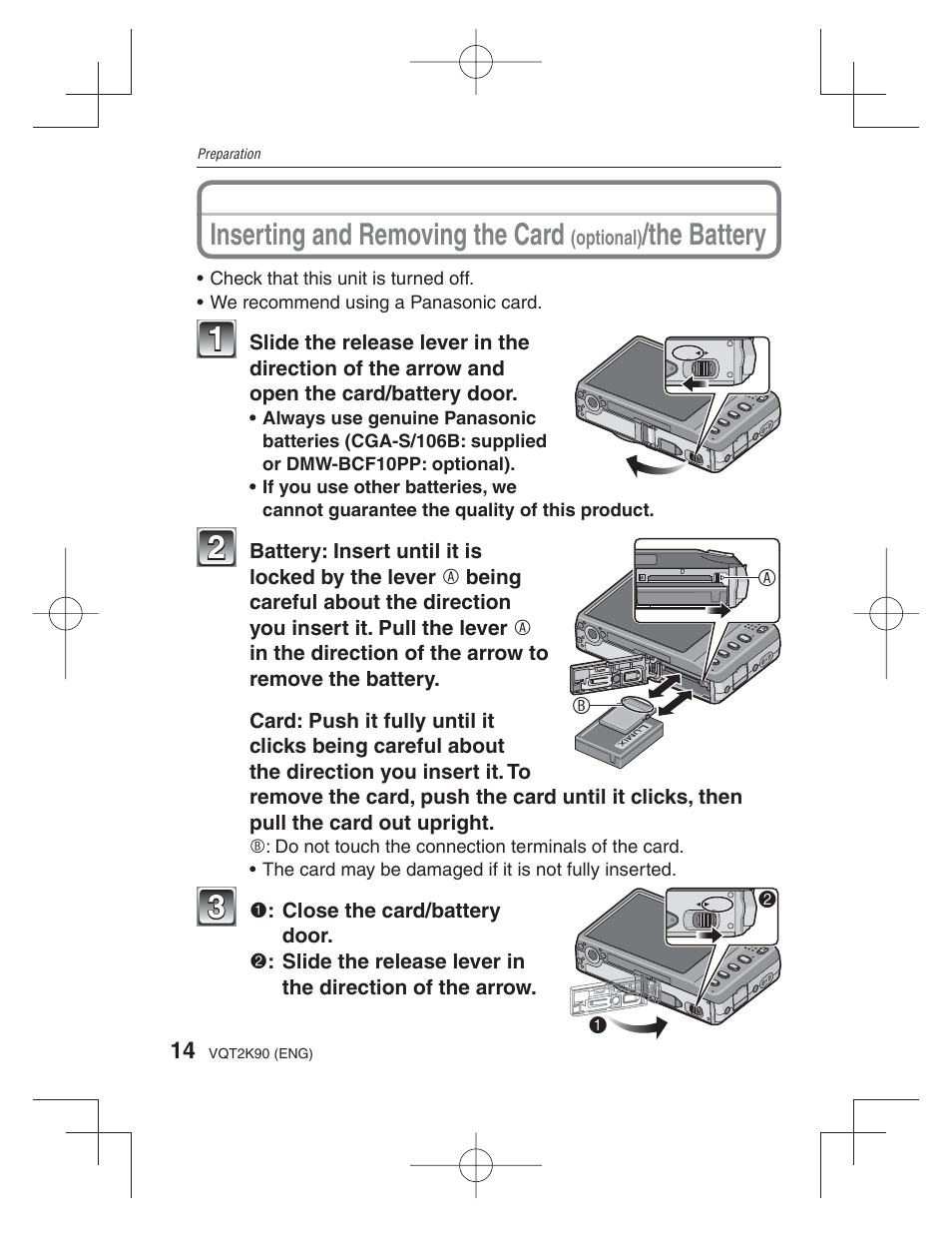 Inserting and removing the card, The battery | Panasonic DMC-FH22 User Manual | Page 14 / 34