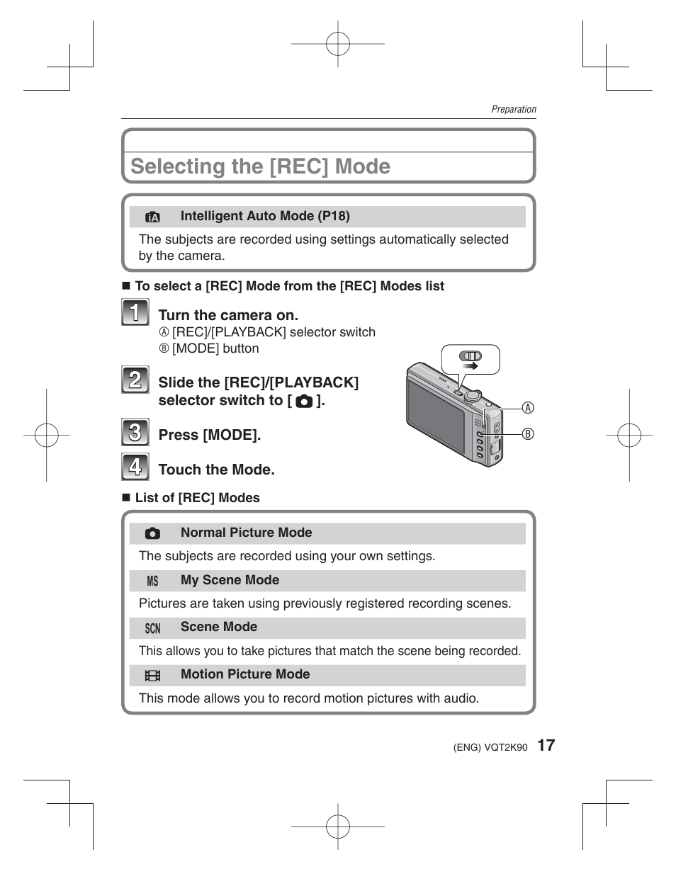 Selecting the [rec] mode | Panasonic DMC-FH22 User Manual | Page 17 / 34