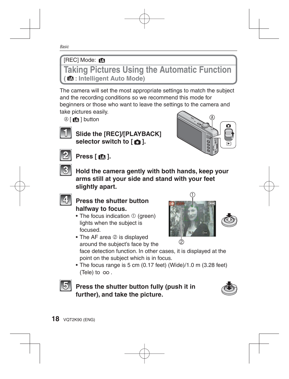Basic, Taking pictures using the automatic function | Panasonic DMC-FH22 User Manual | Page 18 / 34