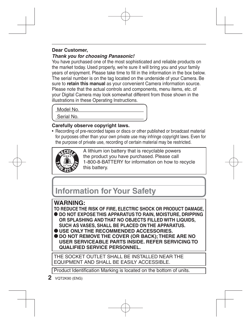 Others, Information for your safety, Warning | Panasonic DMC-FH22 User Manual | Page 2 / 34