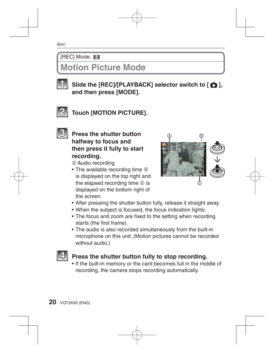 Motion picture mode | Panasonic DMC-FH22 User Manual | Page 20 / 34