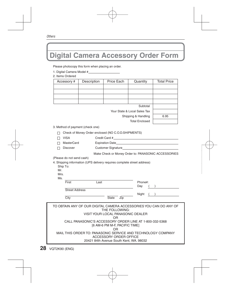 Digital camera accessory order form | Panasonic DMC-FH22 User Manual | Page 28 / 34