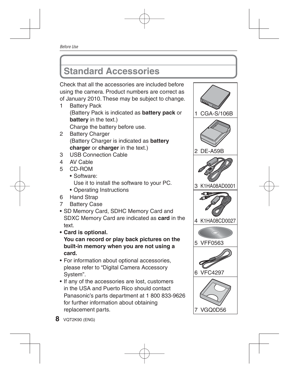 Before use, Standard accessories | Panasonic DMC-FH22 User Manual | Page 8 / 34