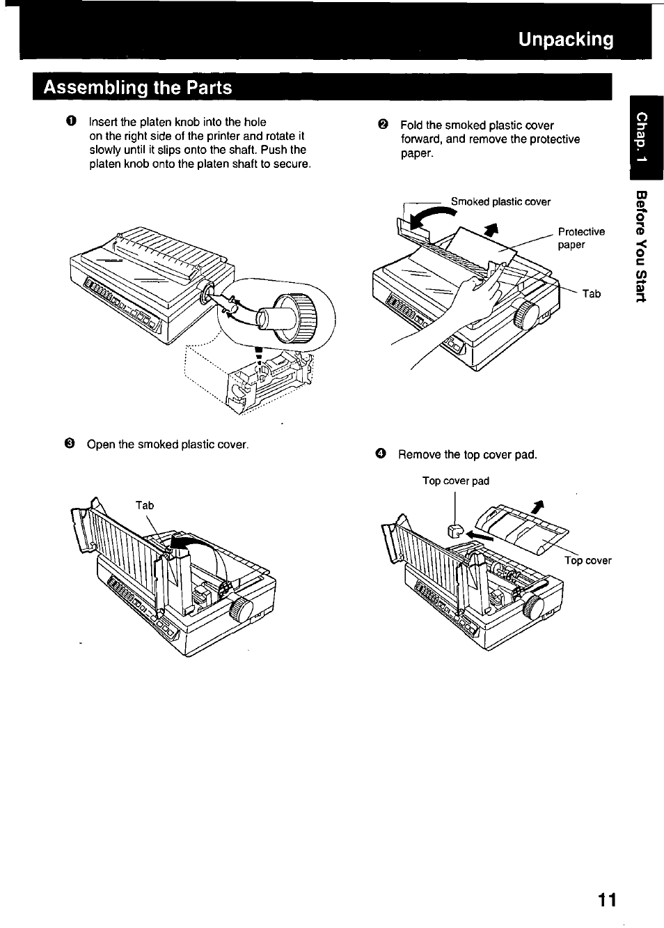 Unpacking, Assembling the parts, Unpacking assembling the parts | Panasonic KX-P3123 User Manual | Page 11 / 116