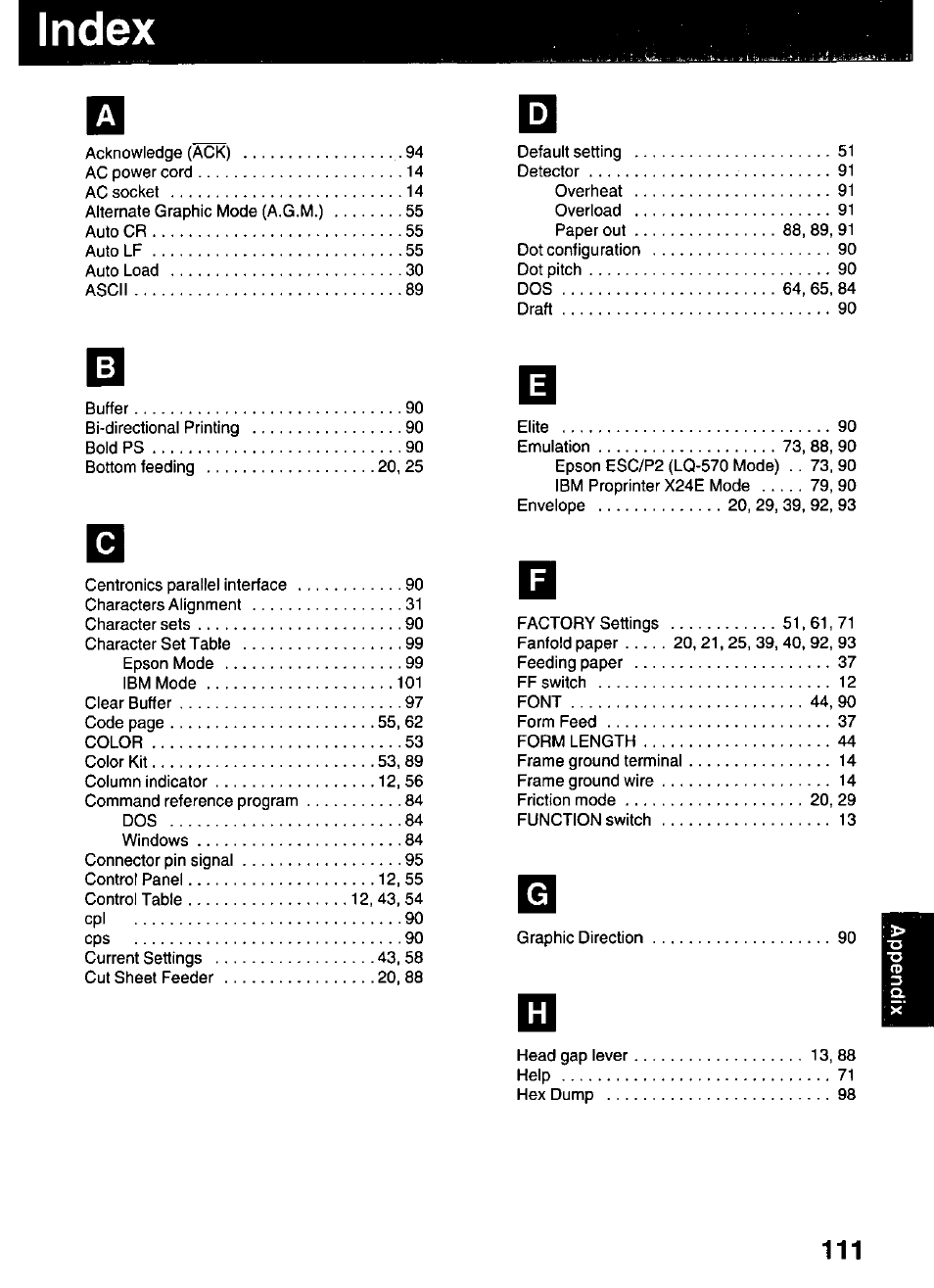 Index | Panasonic KX-P3123 User Manual | Page 111 / 116