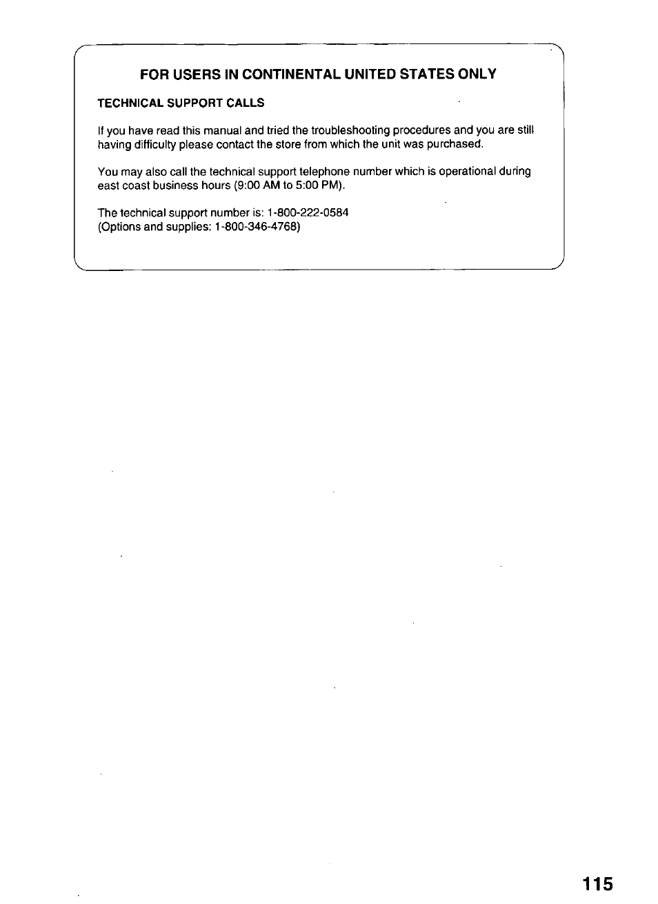 For users in continental united states only, Technical support calls | Panasonic KX-P3123 User Manual | Page 115 / 116