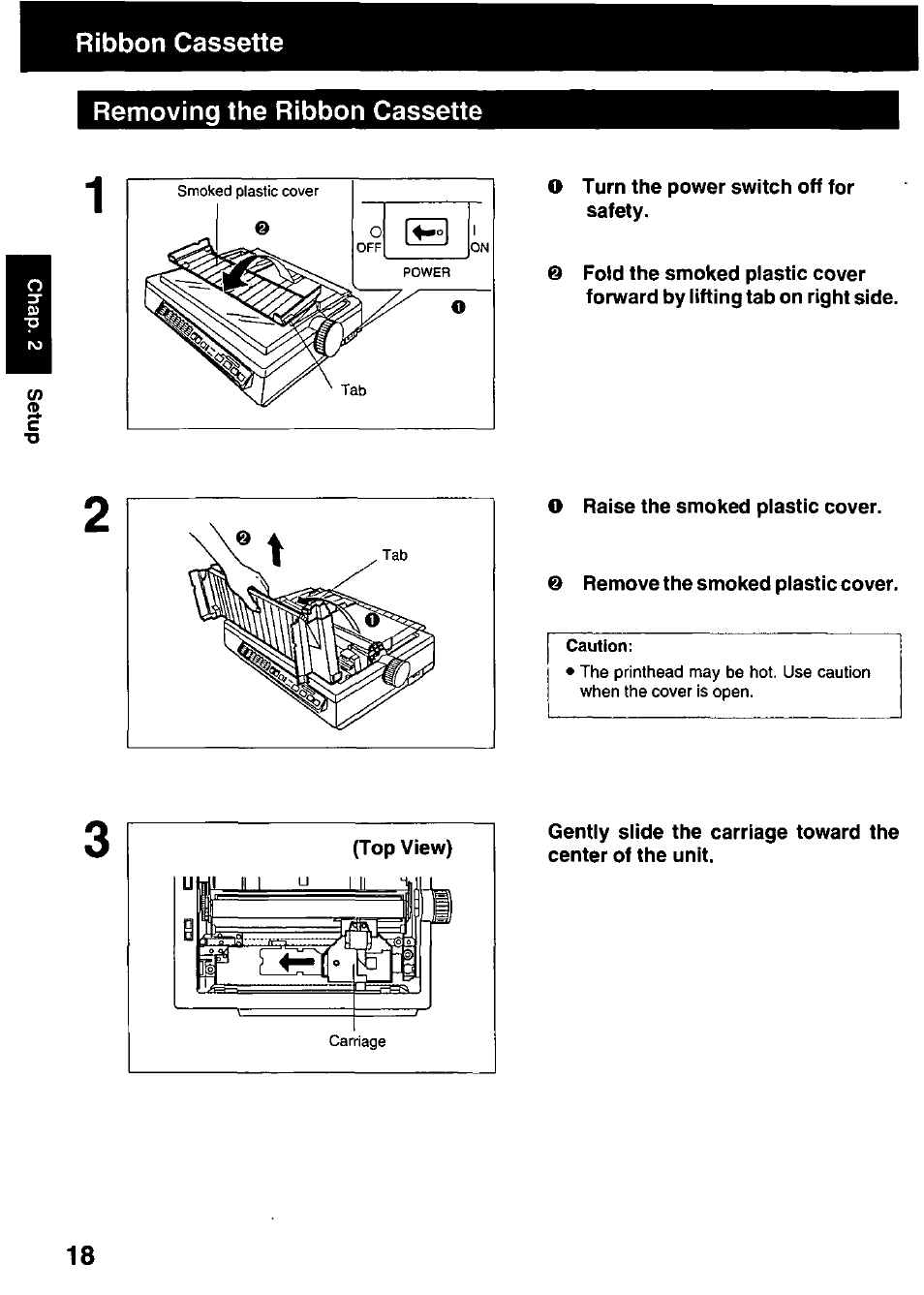 Removing the ribbon cassette, Ribbon cassette removing the ribbon cassette | Panasonic KX-P3123 User Manual | Page 18 / 116