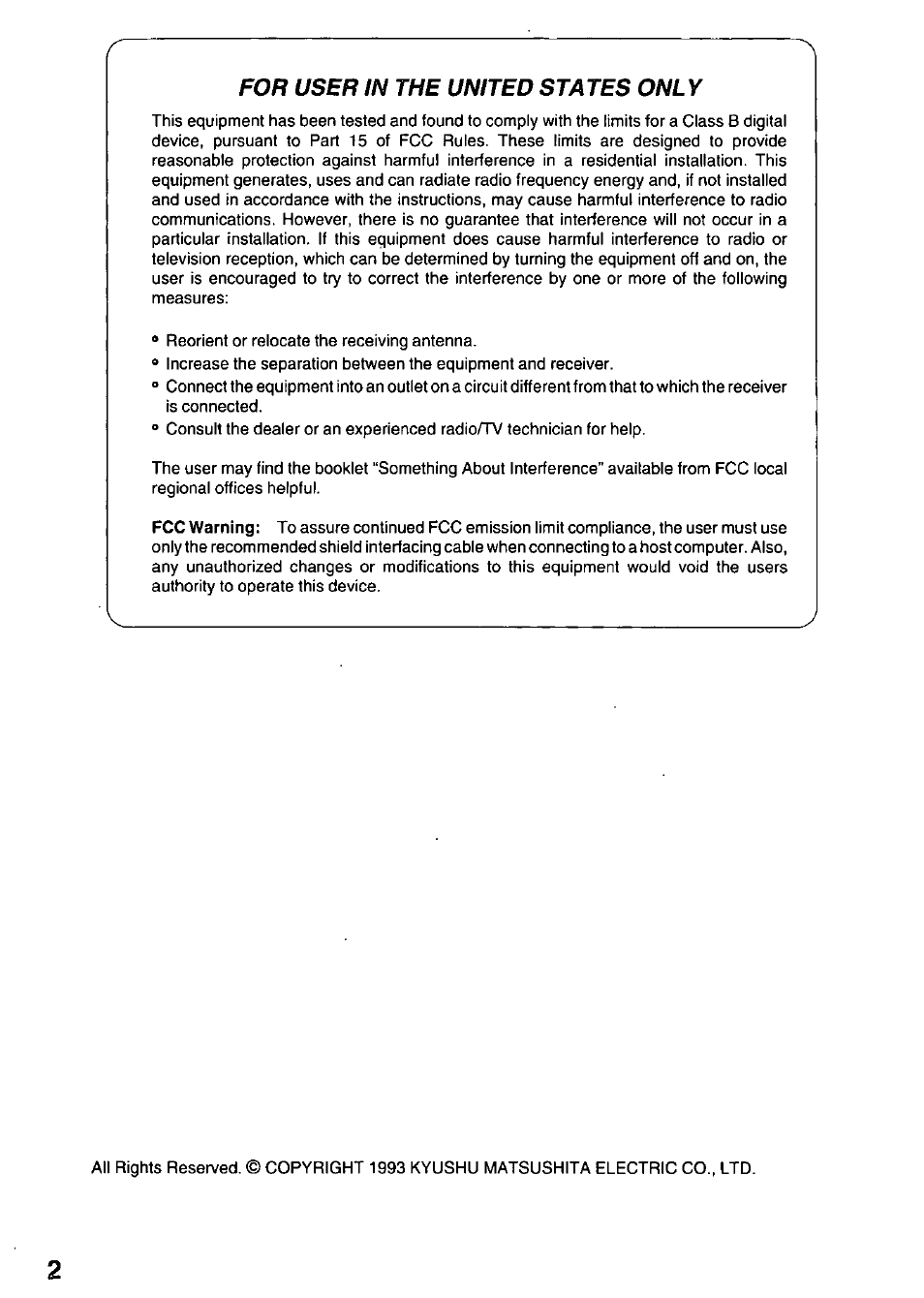 For user in the united states only | Panasonic KX-P3123 User Manual | Page 2 / 116