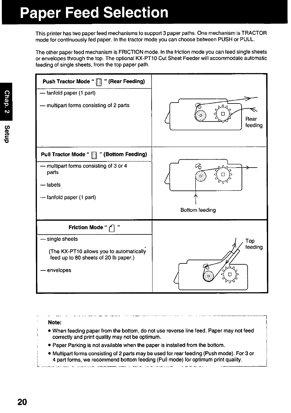 Paper feed selection, Push tractor mode, Rear feeding) | Pull tractor mode '* [t| ” (bottom feeding), Friction mode “ q, Note | Panasonic KX-P3123 User Manual | Page 20 / 116