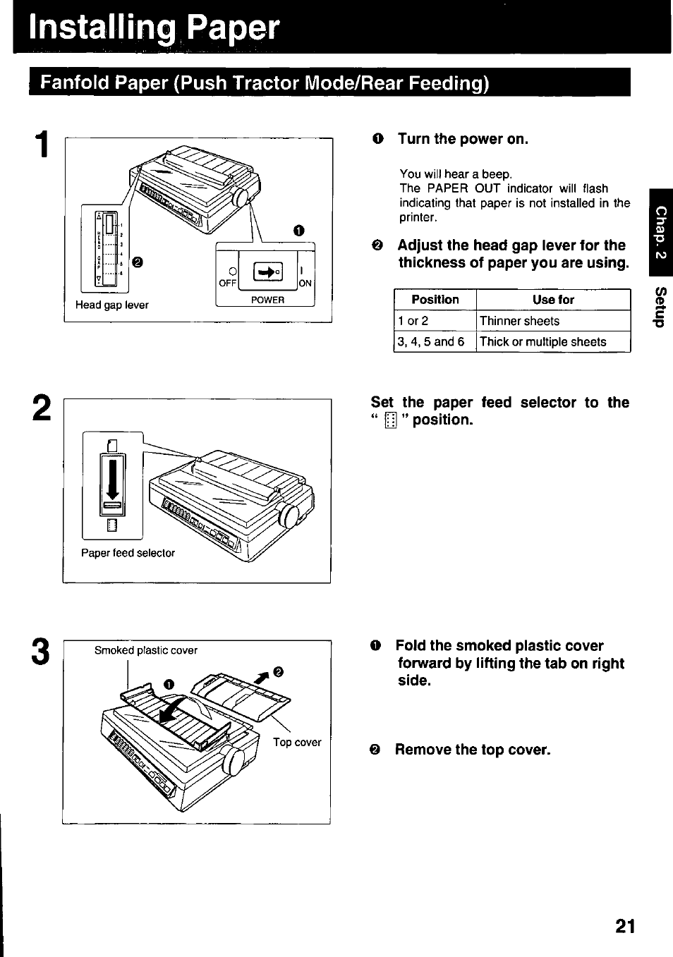 Installing paper, Fanfold paper (push tractor mode/rear feeding) | Panasonic KX-P3123 User Manual | Page 21 / 116