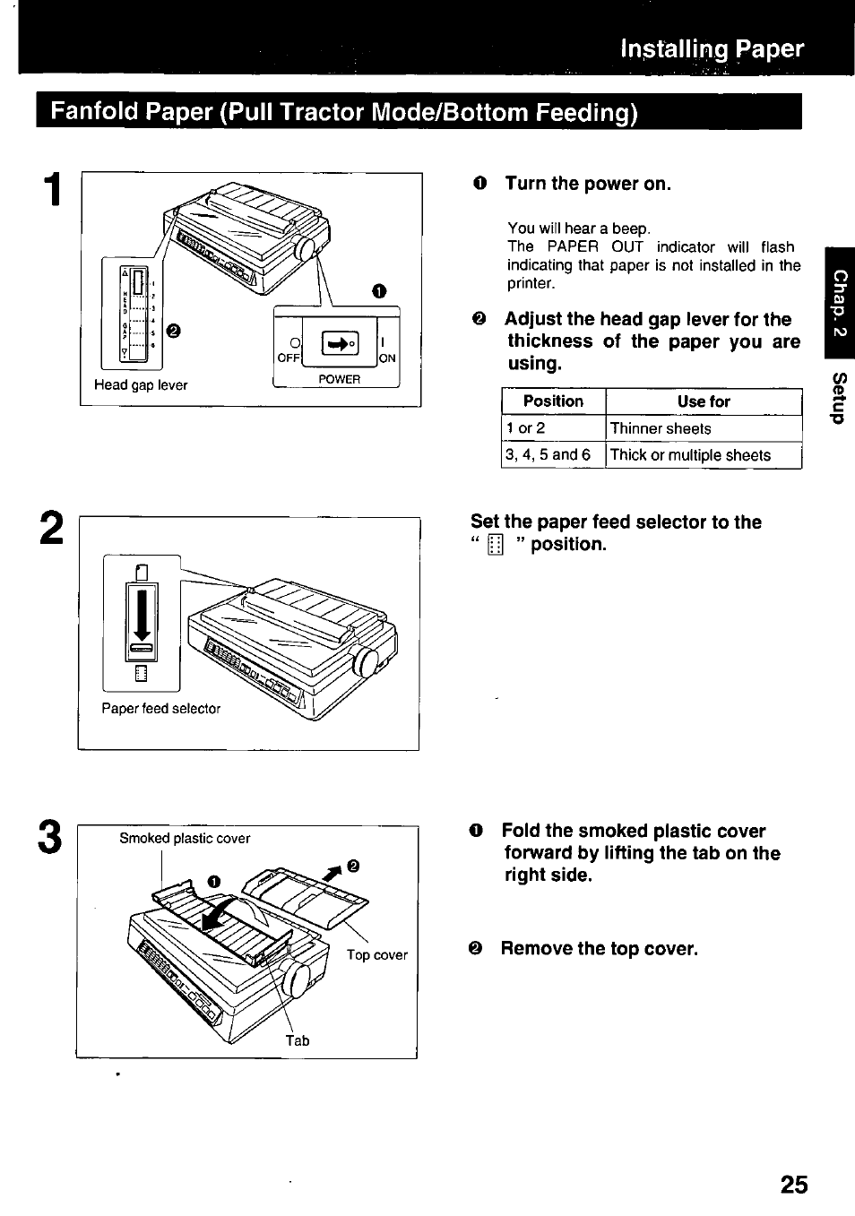 Fanfold paper (pull tractor mode/bottom feeding) | Panasonic KX-P3123 User Manual | Page 25 / 116