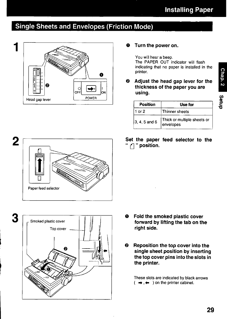 Single sheets and envelopes (friction mode) | Panasonic KX-P3123 User Manual | Page 29 / 116