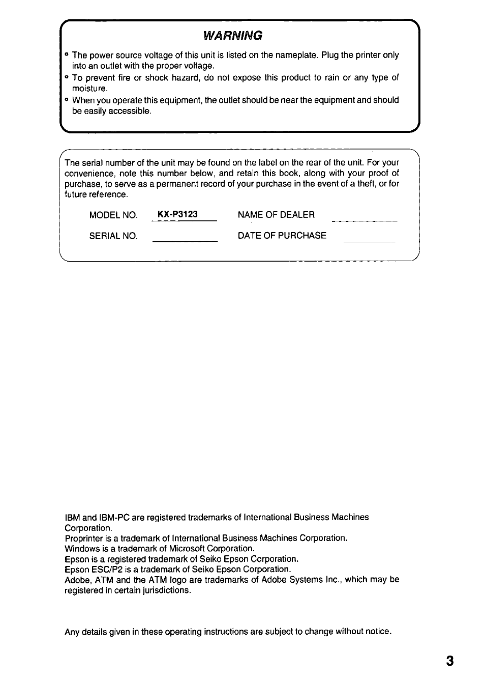 Warning | Panasonic KX-P3123 User Manual | Page 3 / 116