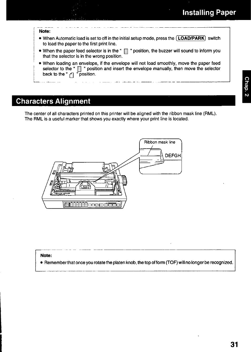 Characters alignment, Installing paper | Panasonic KX-P3123 User Manual | Page 31 / 116