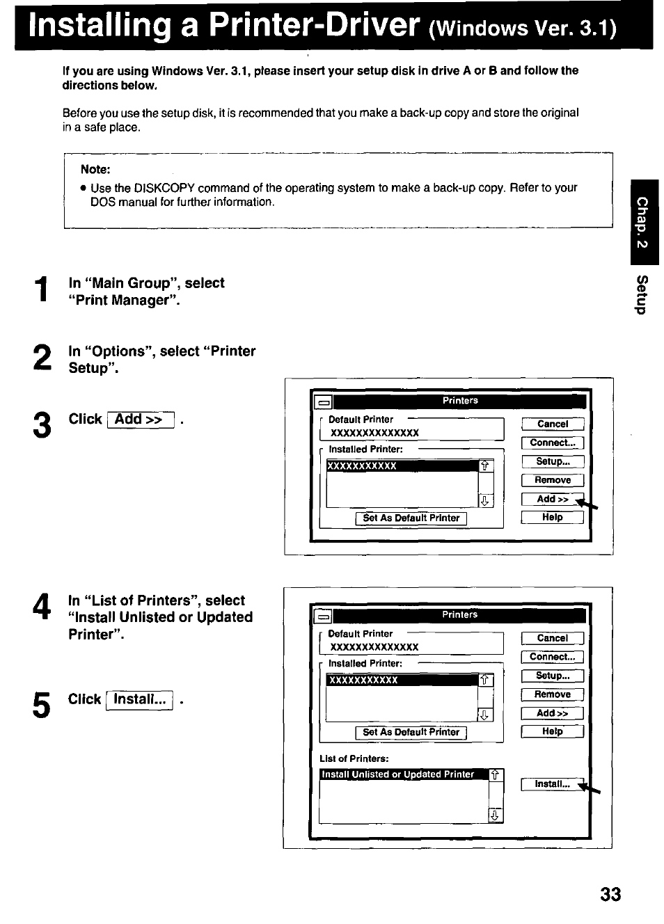 Installing a printer-driver (windows ver. 3.1), In ‘‘main group”, select “print manager, In “options”, select “printer setup | Click add, Click install, Installing a printer-driver, Windows ver. 3.1) | Panasonic KX-P3123 User Manual | Page 33 / 116