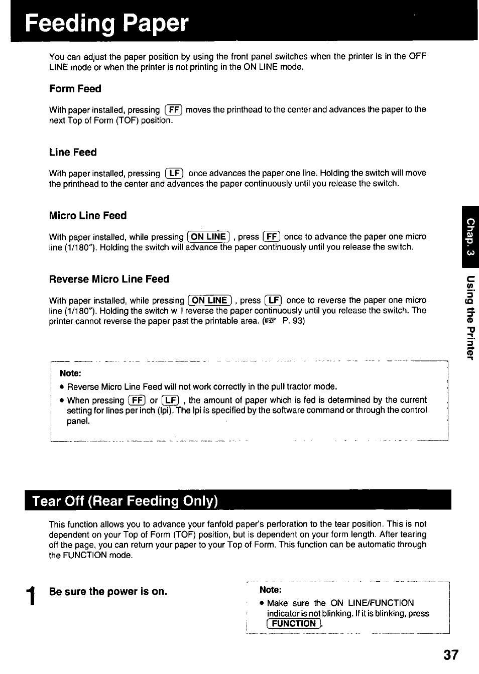 Feeding paper, Form feed, Line feed | Micro line feed, Reverse micro line feed, Tear off (rear feeding only), Reverse micro line feed) | Panasonic KX-P3123 User Manual | Page 37 / 116