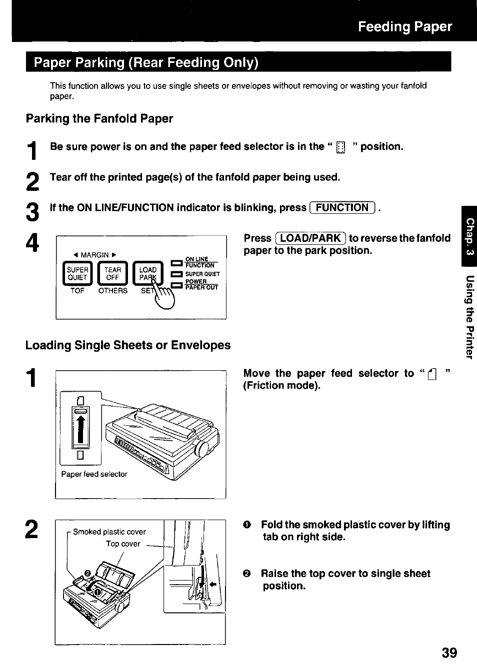 Paper parking (rear feeding only), Parking the fanfold paper, Loading single sheets or envelopes | Panasonic KX-P3123 User Manual | Page 39 / 116