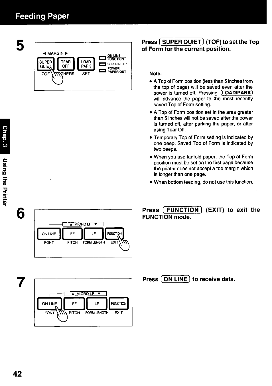 Press (on line 1 to receive data, Feeding paper | Panasonic KX-P3123 User Manual | Page 42 / 116