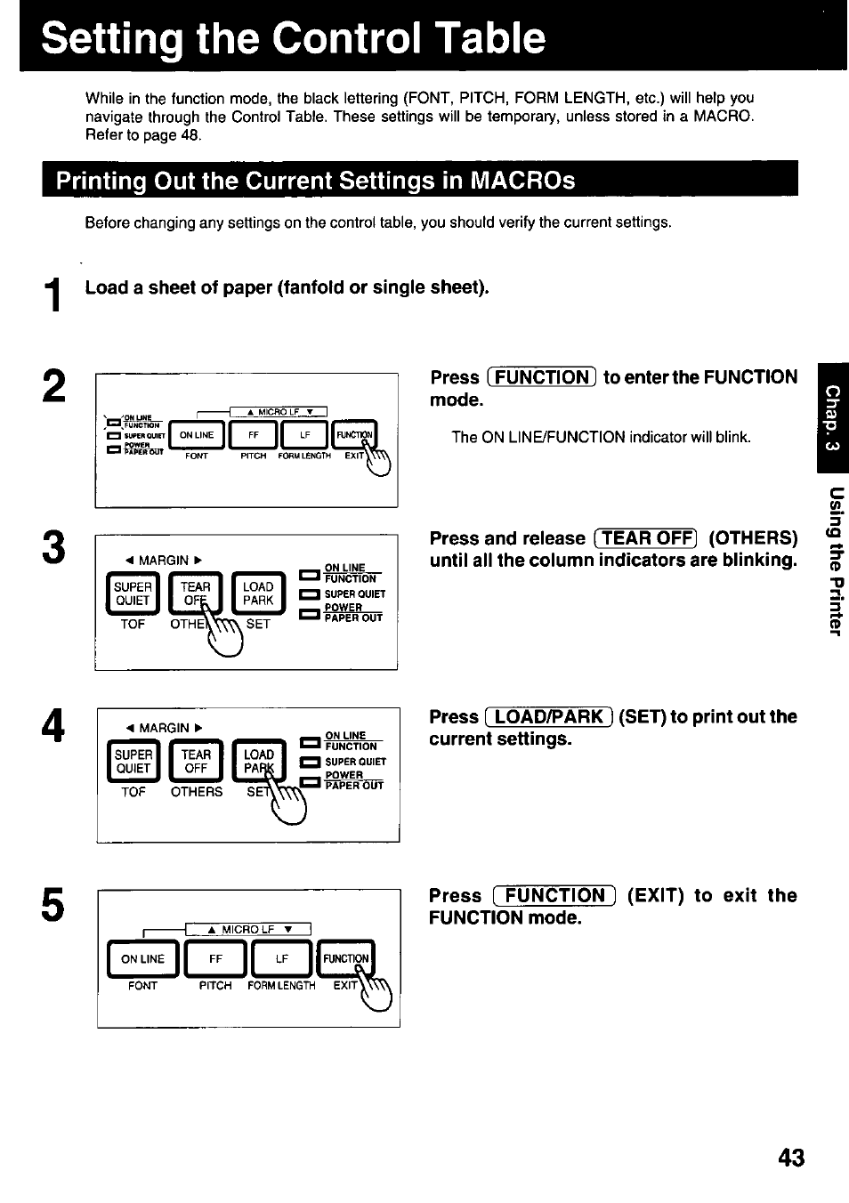 Setting the control table, Printing out the current settings in macros | Panasonic KX-P3123 User Manual | Page 43 / 116