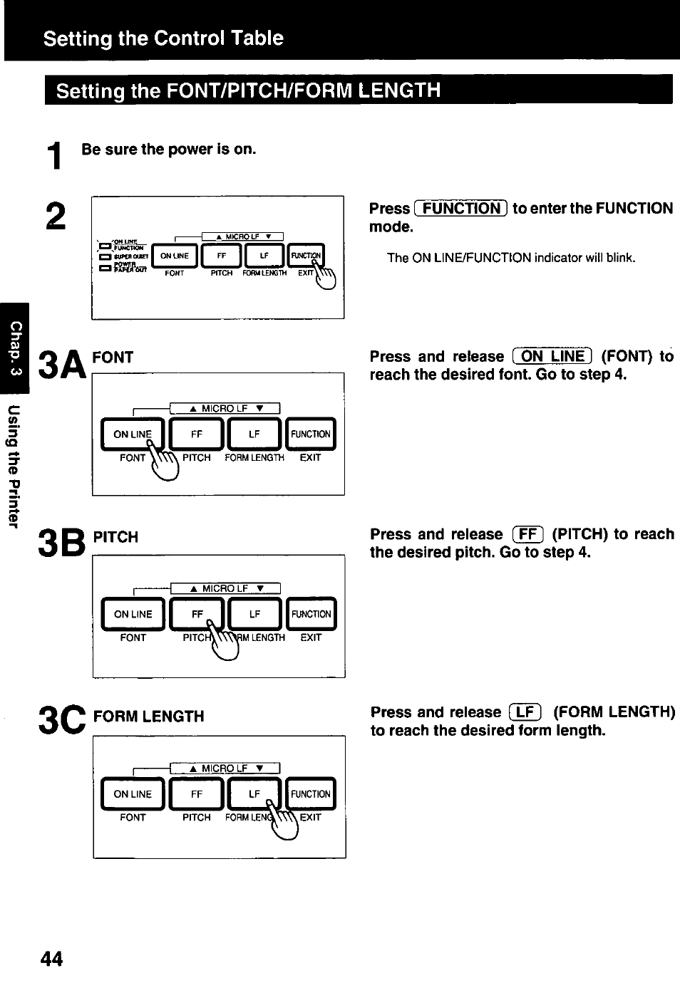 Setting the font/pitch/form length | Panasonic KX-P3123 User Manual | Page 44 / 116