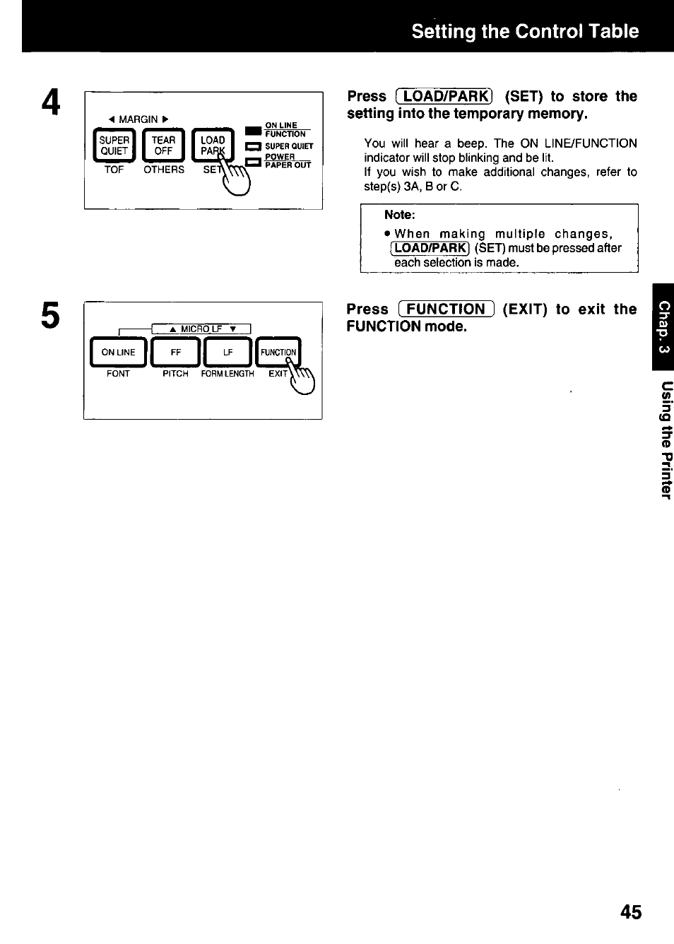 Setting the control table, Press ( function, Exit) to exit the function mode | Panasonic KX-P3123 User Manual | Page 45 / 116