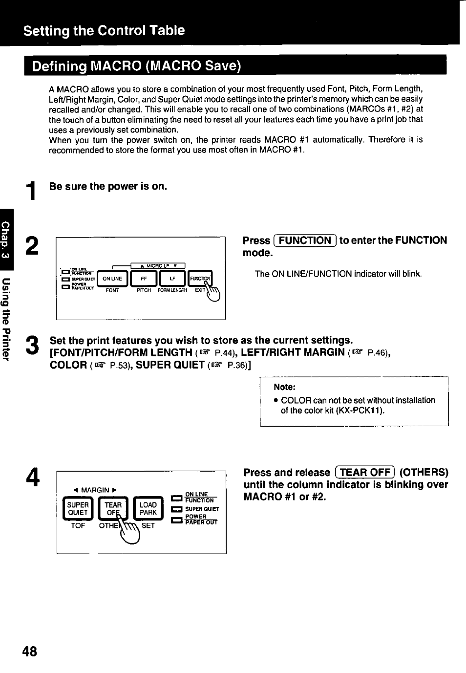 Defining macro (macro save), Be sure the power is on, Press ( function i to enter the function | Mode | Panasonic KX-P3123 User Manual | Page 48 / 116