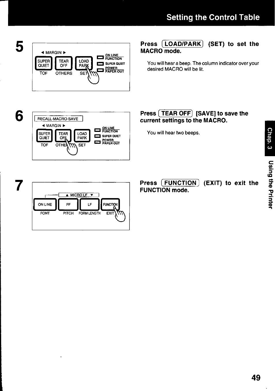 Press (load/park) (set) to set the macro mode, Setting the control table, Press ( function | Exit) to exit the function mode | Panasonic KX-P3123 User Manual | Page 49 / 116