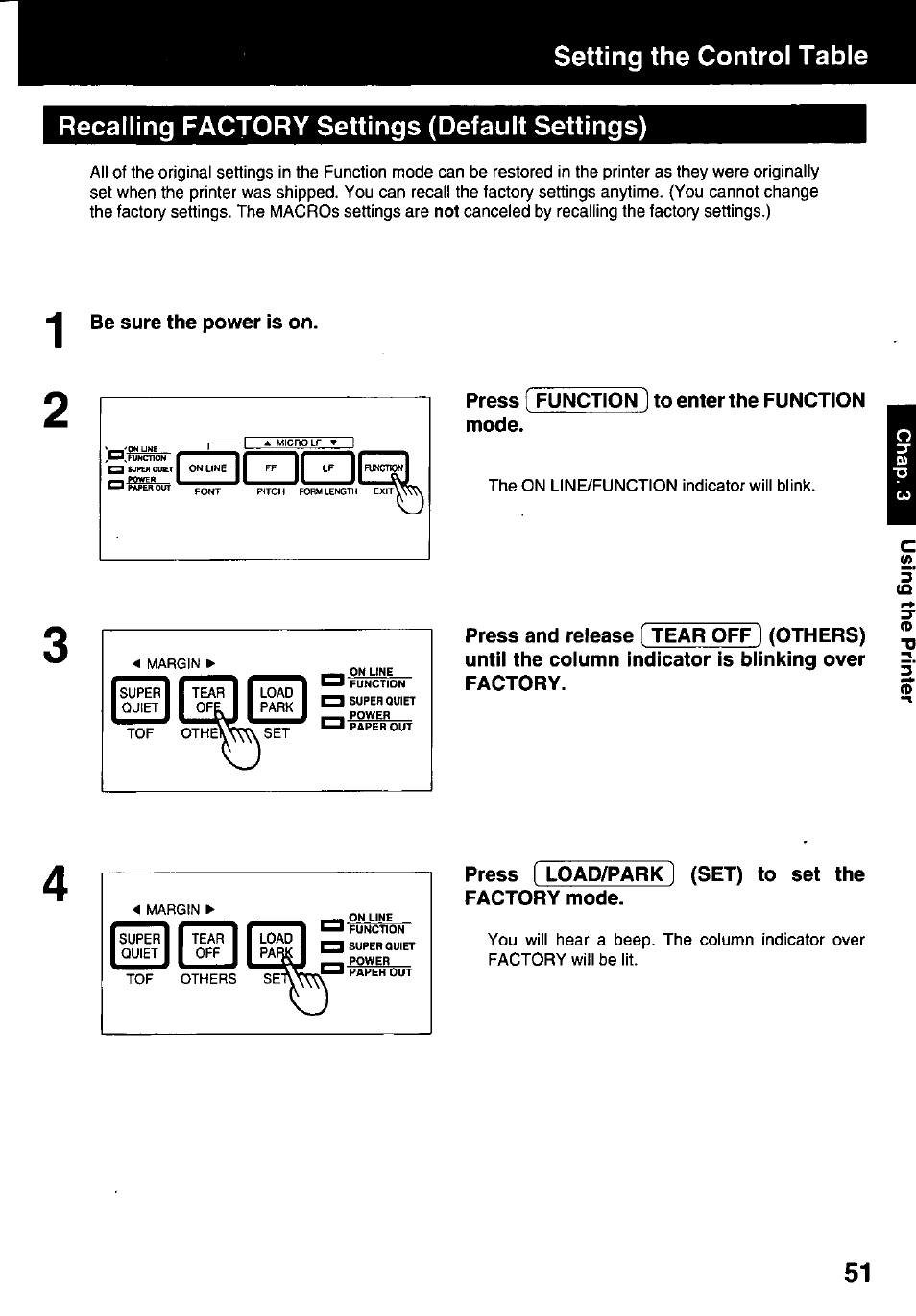 Recalling factory settings (default settings), Be sure the power is on, Press i function ] to enter the function mode | Press ( load/park factory mode, Press ( load/park factory mode. (set) to set the | Panasonic KX-P3123 User Manual | Page 51 / 116