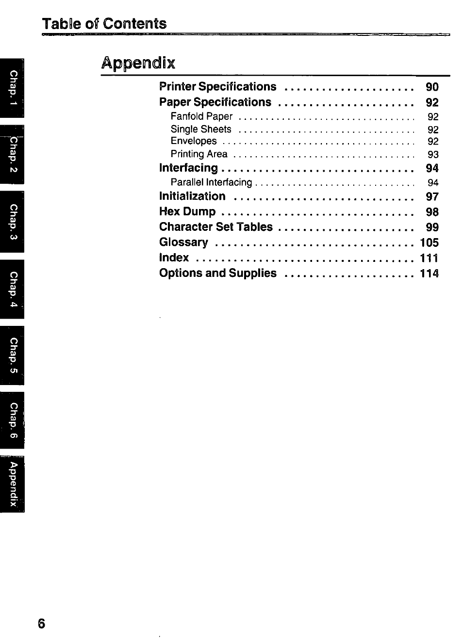 Appendix, Tabbe of contents | Panasonic KX-P3123 User Manual | Page 6 / 116