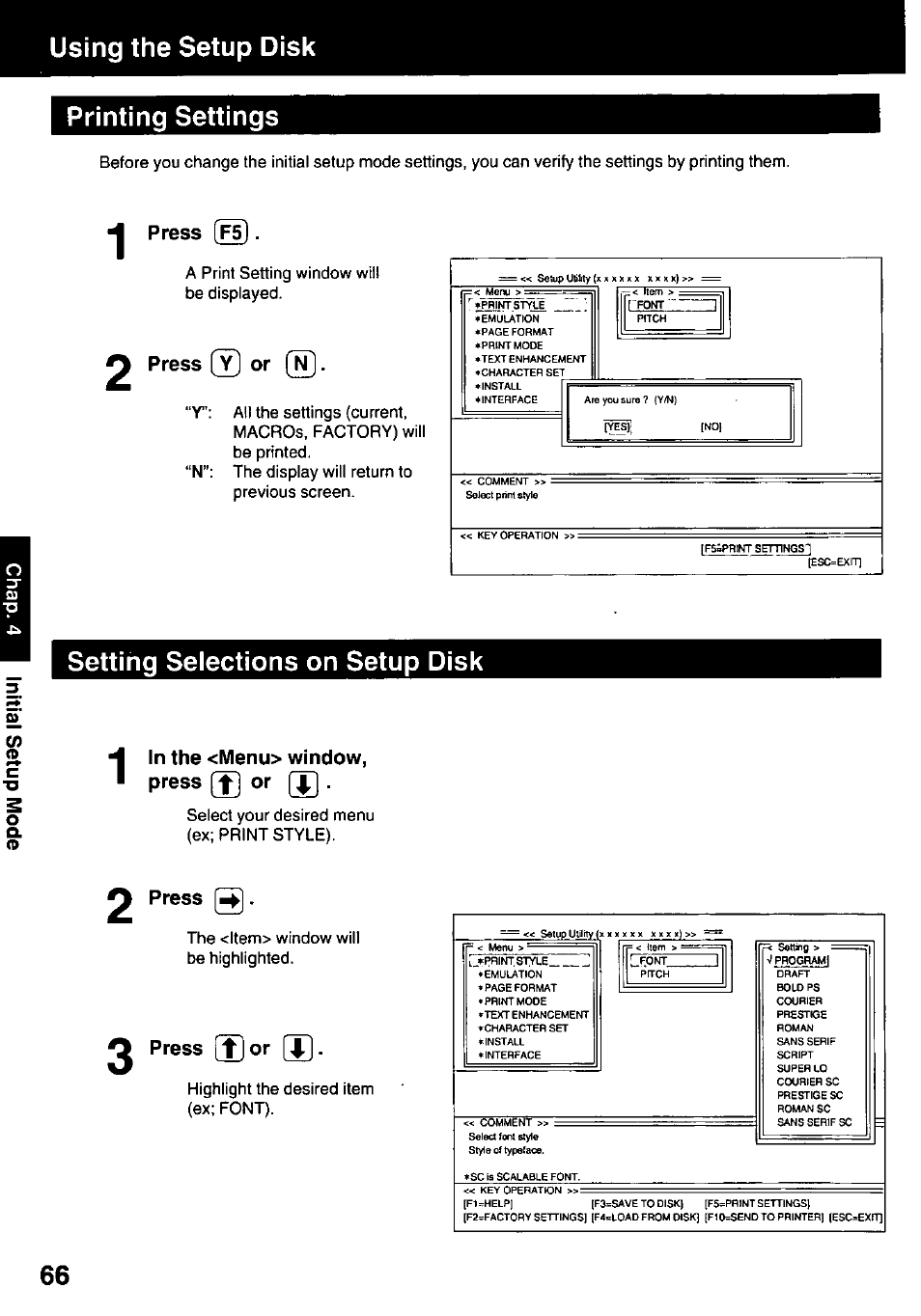 Printing settings, Press, 2 press [y] or | Setting selections on setup disk, In the <menu> window, press (j) or [j, 2 press q, 0 press (j]or u, Using the setup disk printing settings, 2 press | Panasonic KX-P3123 User Manual | Page 66 / 116