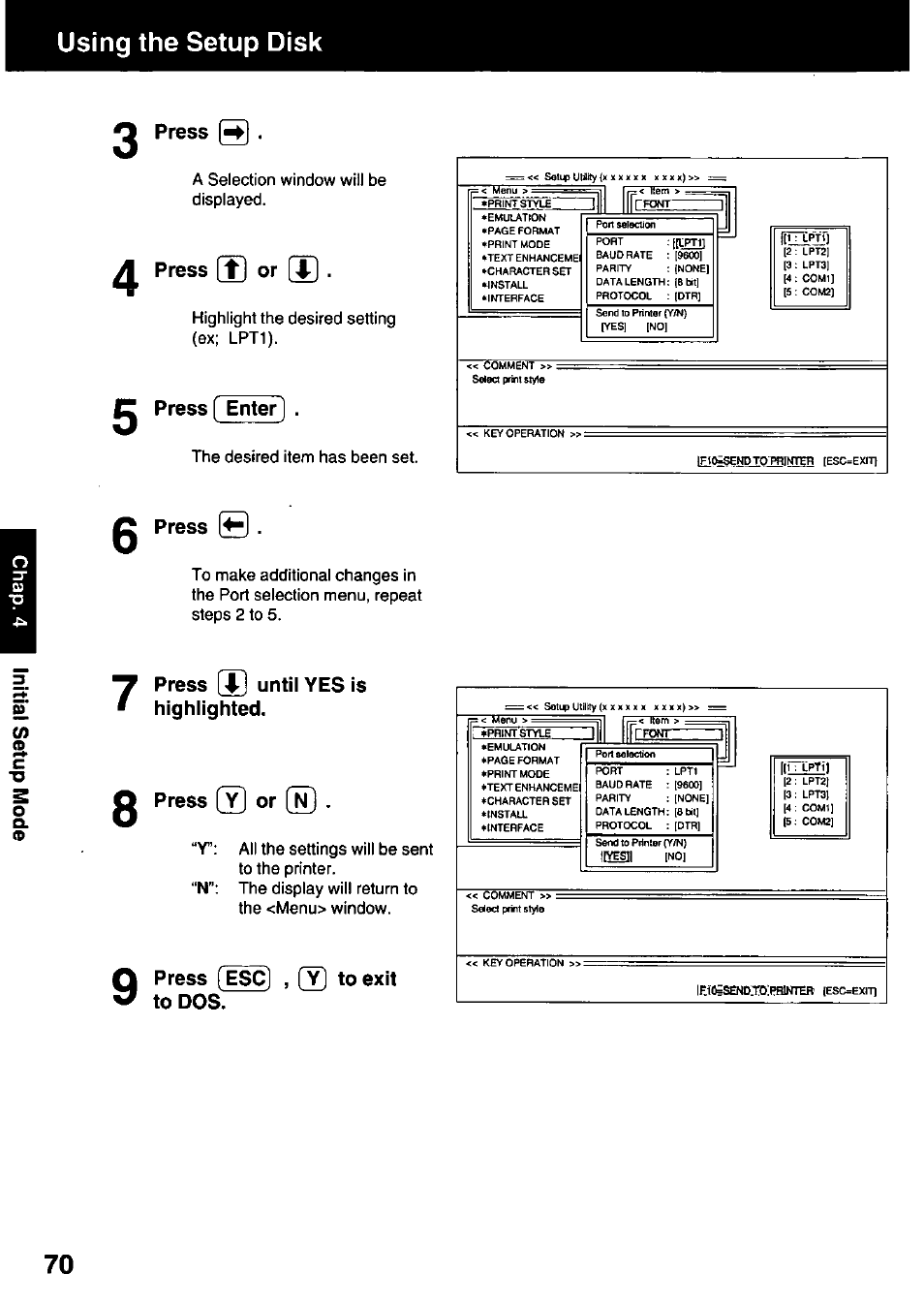 2 press q, A press [t] or [t, Press enter | 0 press, Press [t] until yes is highlighted, 0 press (y] or, Press [esc] , [y] to exit to dos, Using the setup disk, Press [t] or [t, Press [t] until yes is highlighted. 0 press | Panasonic KX-P3123 User Manual | Page 70 / 116