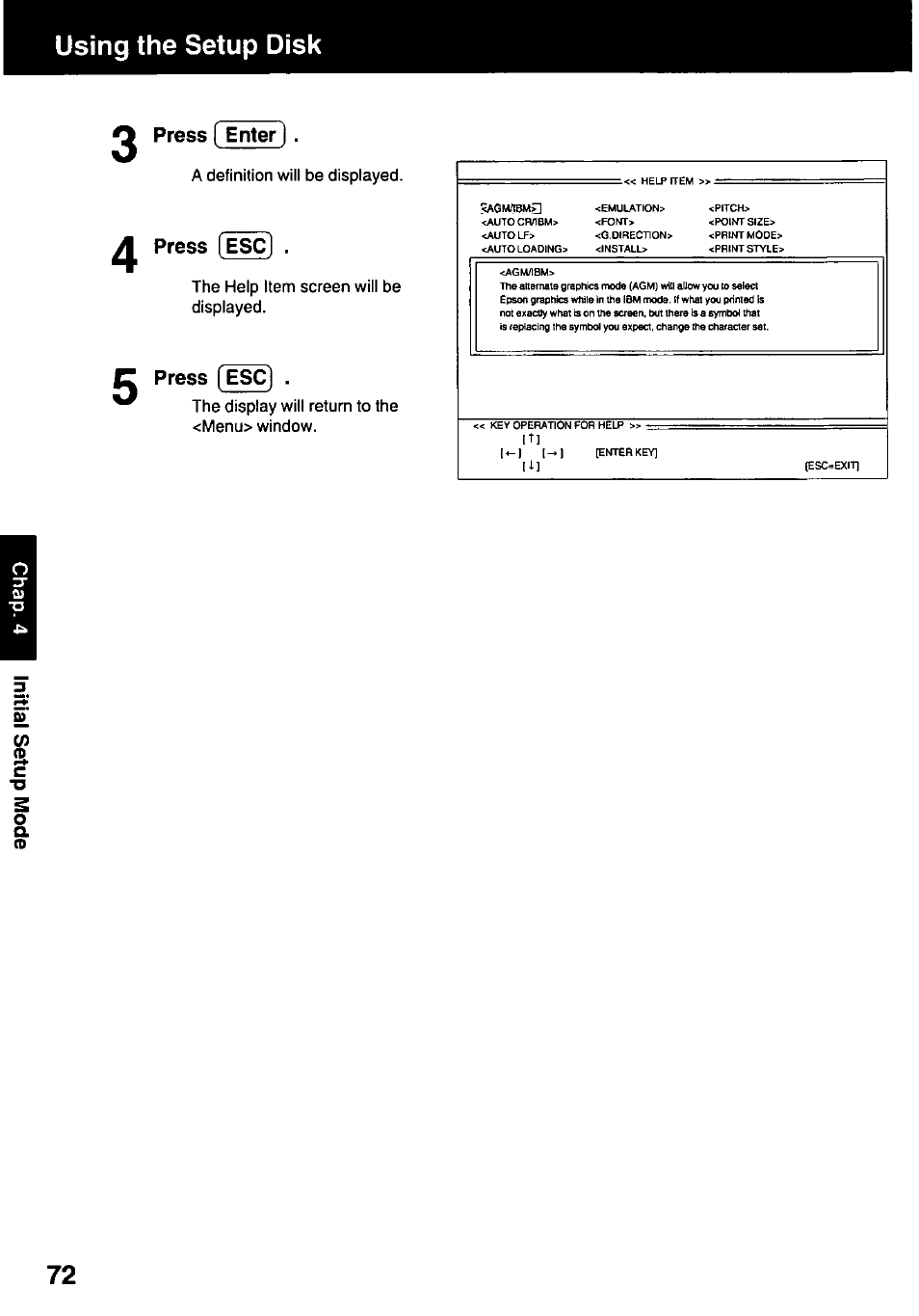 0 press ( enter ), Press esc, Using the setup disk | Press | Panasonic KX-P3123 User Manual | Page 72 / 116