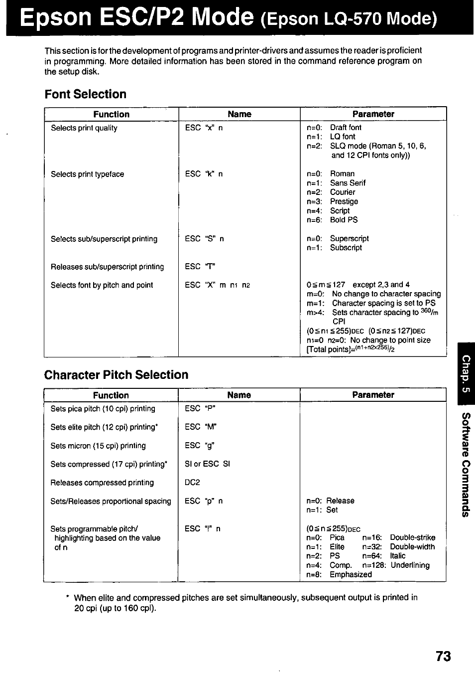Epson esc/p2 mode (epson lq-570 mode), Font selection, Epson esc/p2™ mode | Epson lq-570 mode), Epson esc/p2 mode, Character pitch selection | Panasonic KX-P3123 User Manual | Page 73 / 116